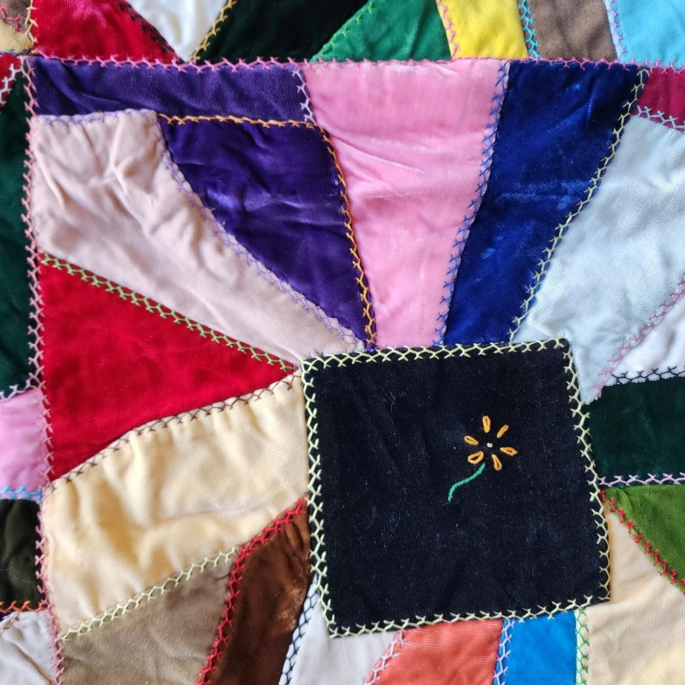 ANTIQUE Velvet Crazy Quilt bright colors floral embroidered 73in x 55in‎